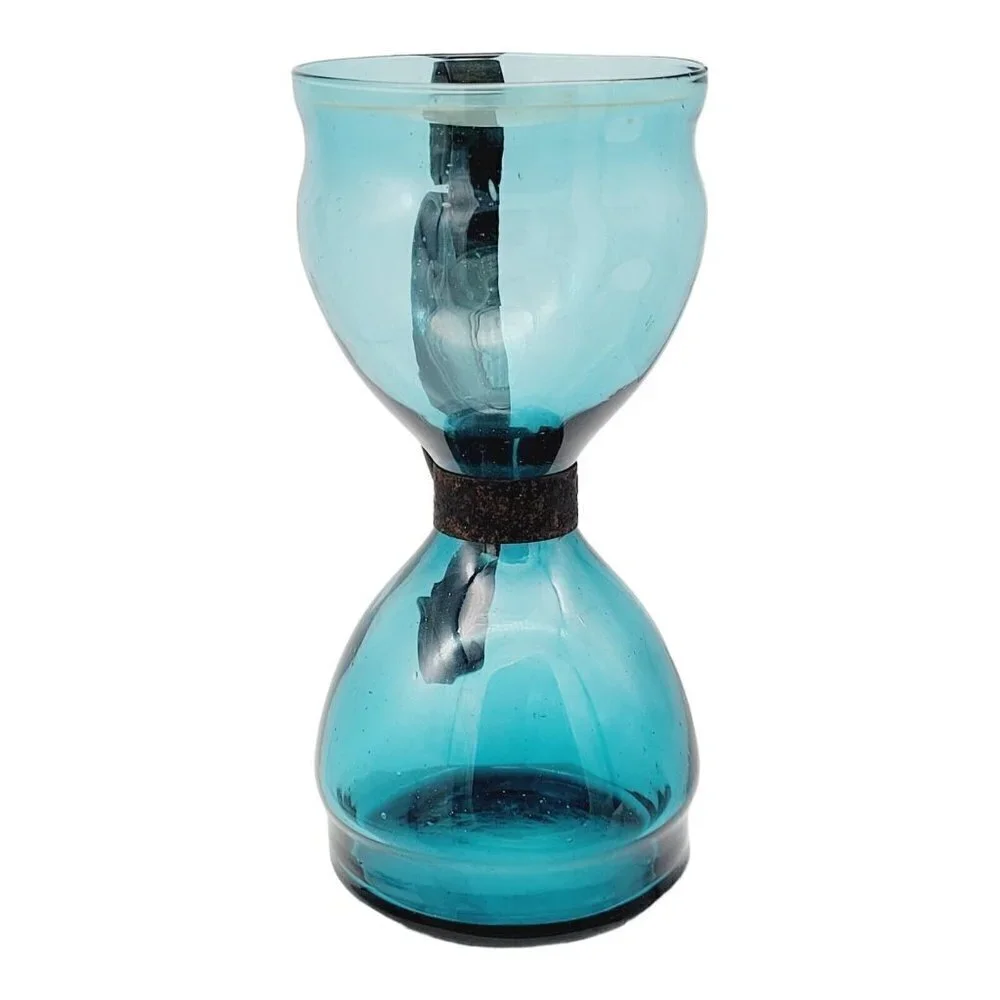 Vintage Aqua Blue Hourglass Shape Taper Candle Holder Wrought Iron Handle